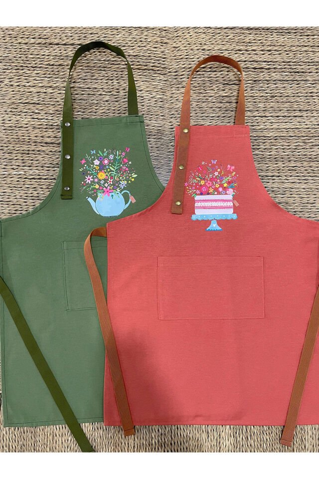 Mutfak Önlüğü Seti 2'li Leke Tutmaz Su itici Kumaş Solmaz Baskı Çiçekli Pasta ve Demlik Desenli 55 x 75 - Haki - Terracotta