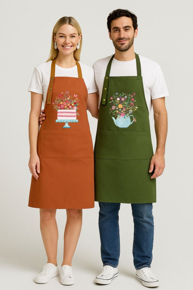 Mutfak Önlüğü Seti 2'li Leke Tutmaz Su itici Kumaş Solmaz Baskı Çiçekli Pasta ve Demlik Desenli 55 x 75 - Haki - Terracotta