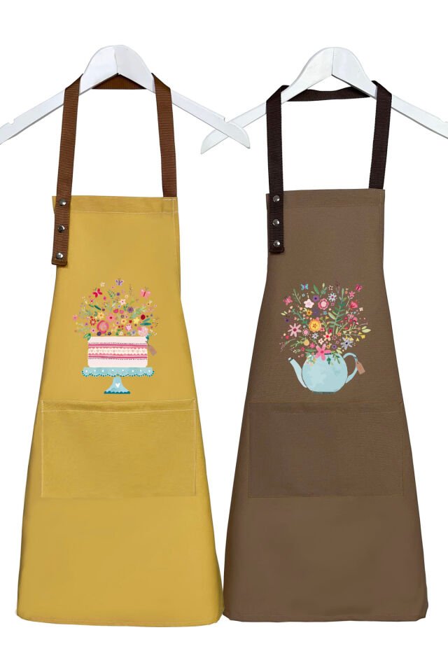 Mutfak Önlüğü Seti 2'li Leke Tutmaz Su itici Kumaş Solmaz Baskı Çiçekli Pasta ve Demlik Desenli 55 x 75 - Hardal Sarı - Kahverengi