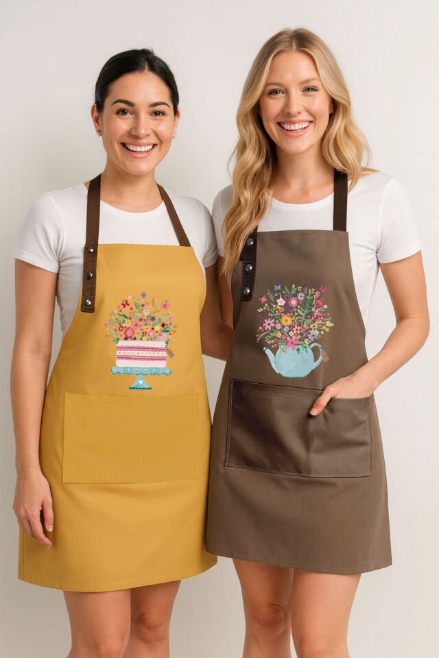 Mutfak Önlüğü Seti 2'li Leke Tutmaz Su itici Kumaş Solmaz Baskı Çiçekli Pasta ve Demlik Desenli 55 x 75 - Hardal Sarı - Kahverengi