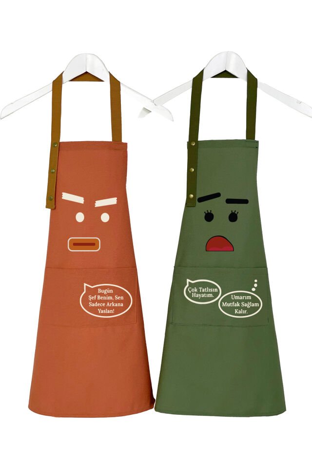 Mutfak Önlüğü Seti 2'li Leke Tutmaz Su Itici Kumaş Solmaz Çeyiz Kadın Erkek Karikatür Esprili Önlük 60 x 75 - Haki Terracotta