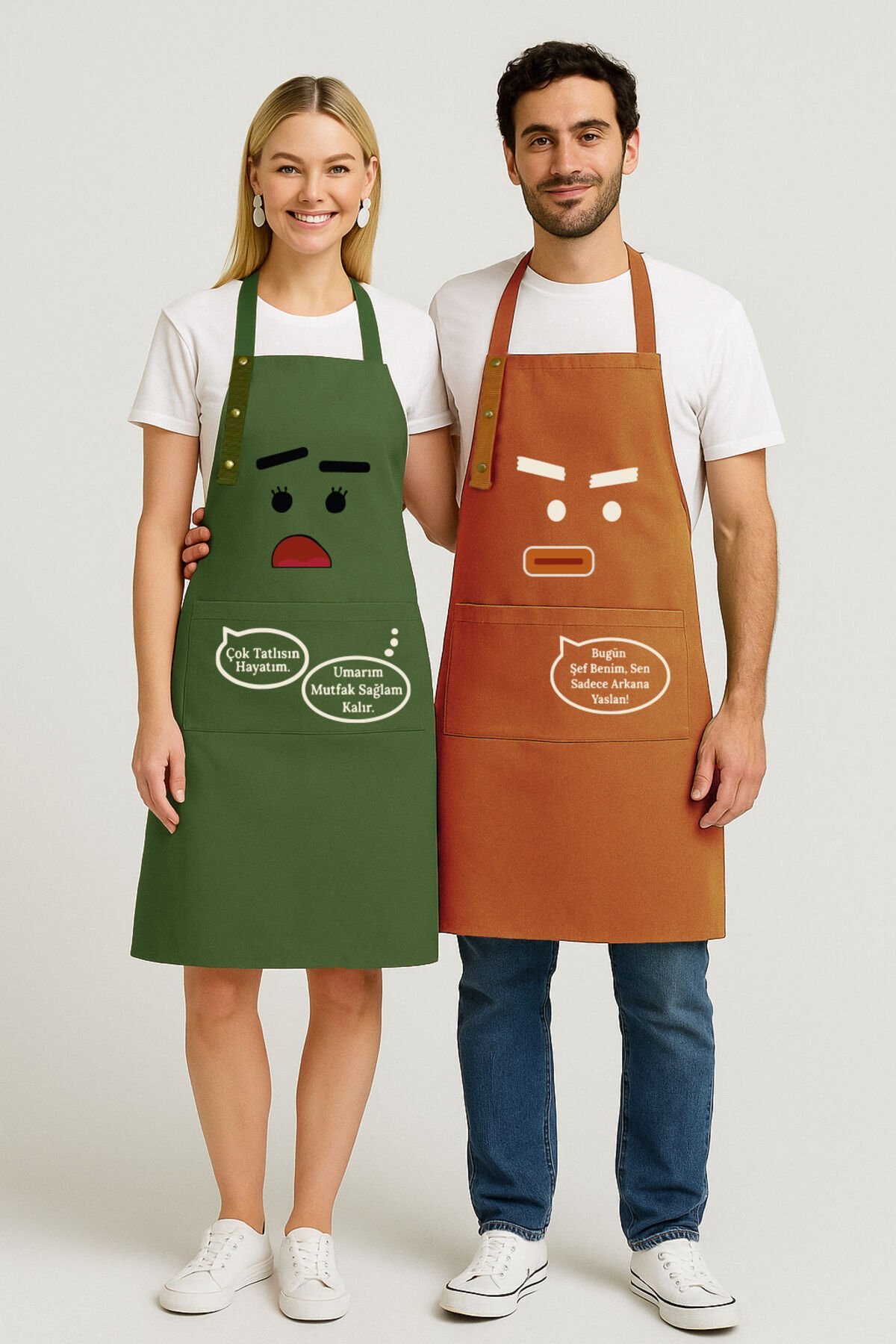 Mutfak Önlüğü Seti 2'li Leke Tutmaz Su Itici Kumaş Solmaz Çeyiz Kadın Erkek Karikatür Esprili Önlük 60 x 75 - Haki Terracotta