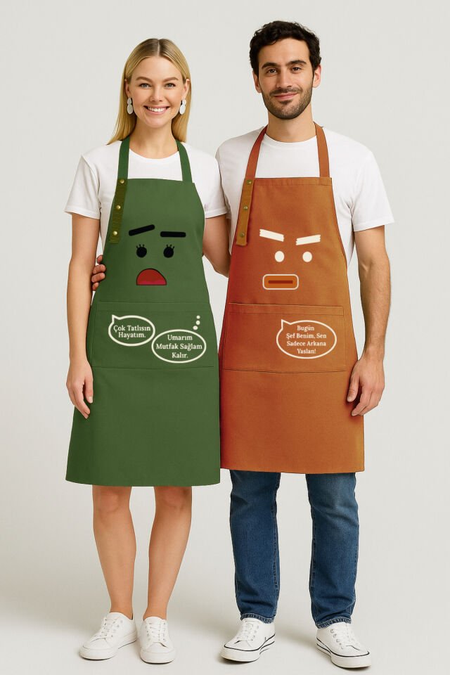 Mutfak Önlüğü Seti 2'li Leke Tutmaz Su Itici Kumaş Solmaz Çeyiz Kadın Erkek Karikatür Esprili Önlük 60 x 75 - Haki Terracotta