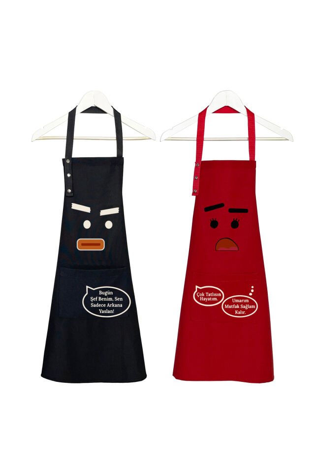 Mutfak Önlüğü Seti 2'li Leke Tutmaz Su Itici Kumaş Solmaz Çeyiz Kadın Erkek Karikatür Esprili Önlük 60 x 75 - Kırmızı