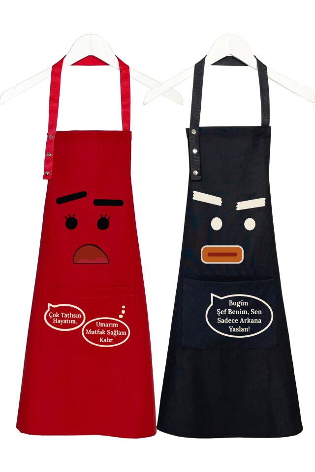 Mutfak Önlüğü Seti 2'li Leke Tutmaz Su Itici Kumaş Solmaz Çeyiz Kadın Erkek Karikatür Esprili Önlük 60 x 75 - Kırmızı
