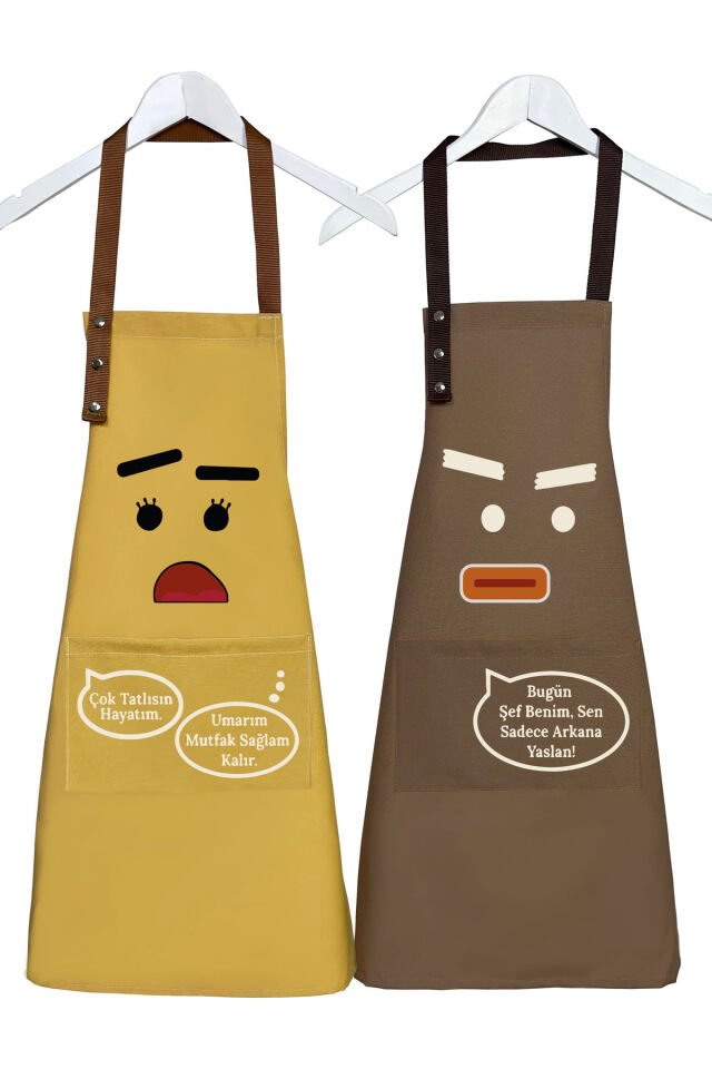 Mutfak Önlüğü Seti 2'li Leke Tutmaz Su Itici Kumaş Solmaz Çeyiz Kadın Erkek Karikatür Esprili Önlük 60 x 75 - Hardal