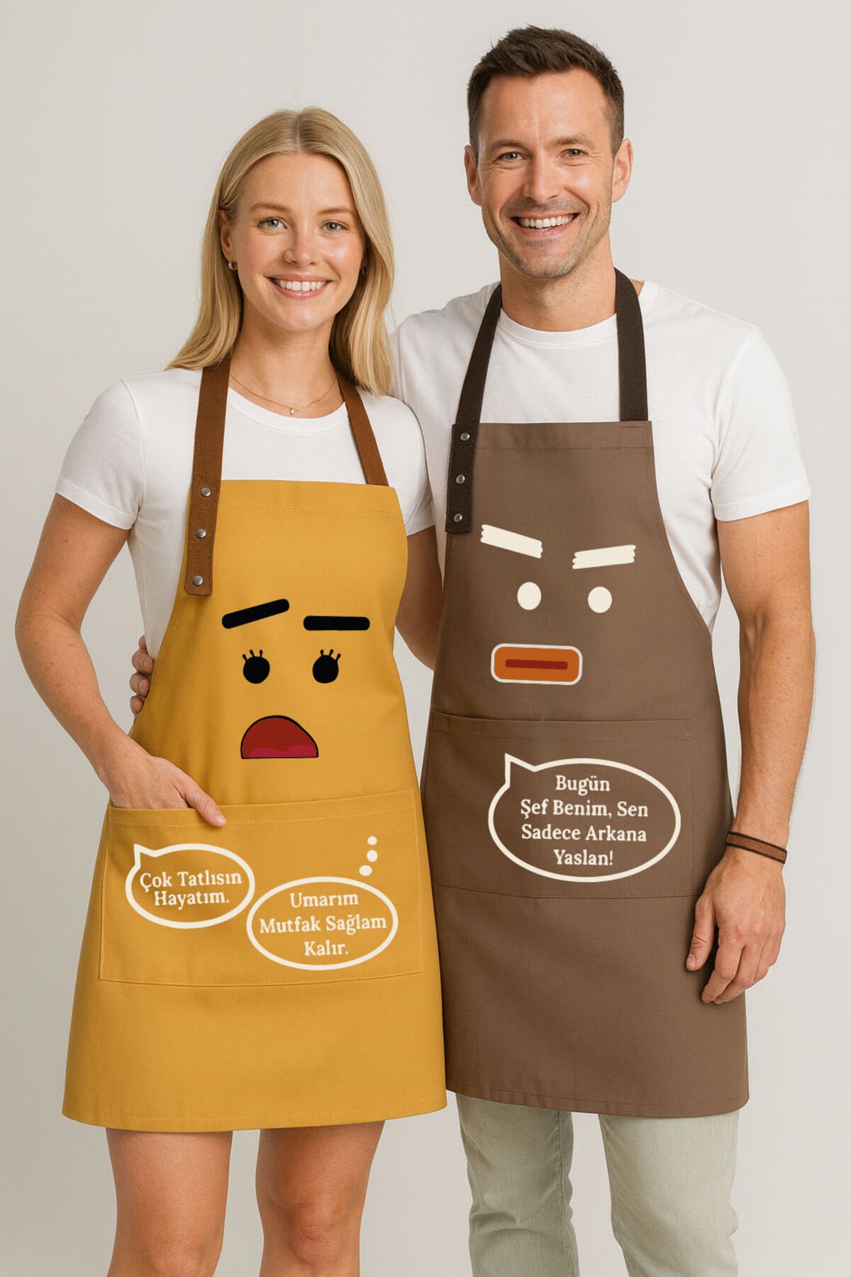 Mutfak Önlüğü Seti 2'li Leke Tutmaz Su Itici Kumaş Solmaz Çeyiz Kadın Erkek Karikatür Esprili Önlük 60 x 75 - Hardal
