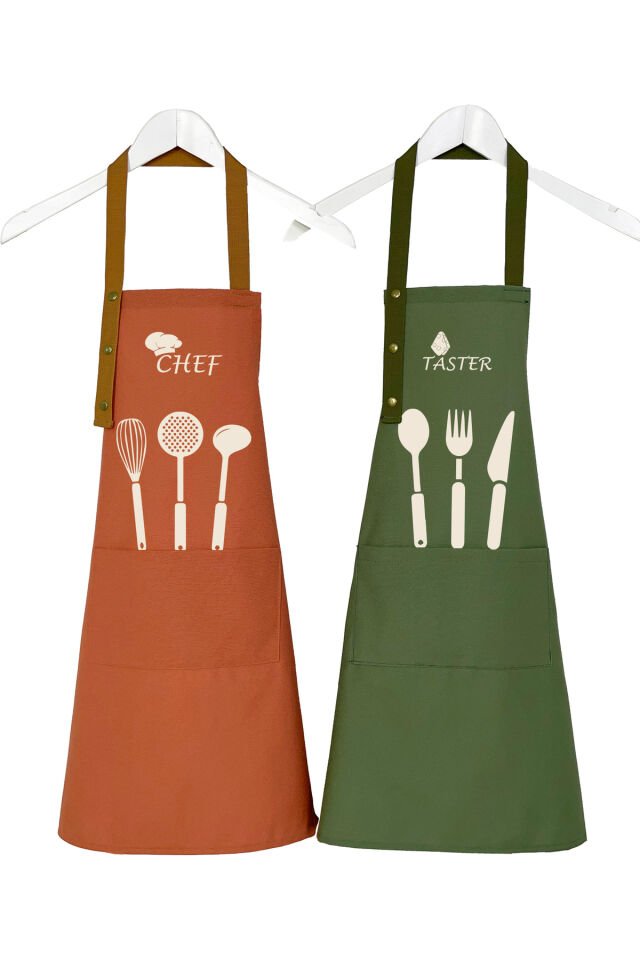 Mutfak Önlüğü Seti 2'li Leke Tutmaz Su Itici Kumaş Solmaz Baskı Chef & Taster Çeyiz Şef Önlük 60 x 75 - Haki Teracotta