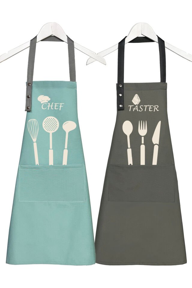 Mutfak Önlüğü Seti 2'li Leke Tutmaz Su Itici Kumaş Solmaz Baskı Chef & Taster Çeyiz Şef Önlük 60 x 75 - Yeşil
