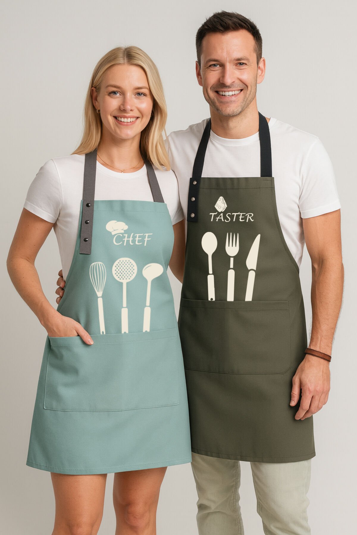 Mutfak Önlüğü Seti 2'li Leke Tutmaz Su Itici Kumaş Solmaz Baskı Chef & Taster Çeyiz Şef Önlük 60 x 75 - Yeşil