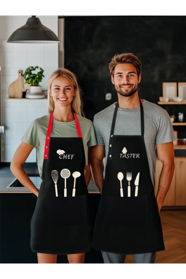 Mutfak Önlüğü Seti 2'li Leke Tutmaz Su Itici Kumaş Solmaz Baskı Chef & Taster Çeyiz Şef Önlük 60 x 75 - Siyah