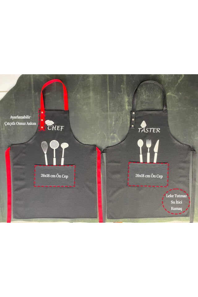 Mutfak Önlüğü Seti 2'li Leke Tutmaz Su Itici Kumaş Solmaz Baskı Chef & Taster Çeyiz Şef Önlük 60 x 75 - Siyah