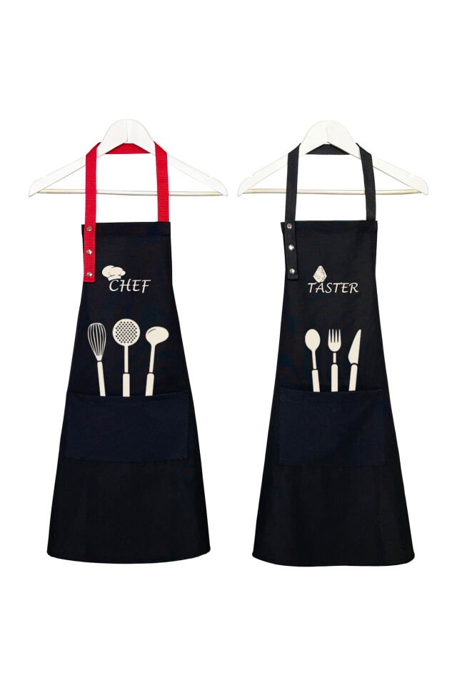 Mutfak Önlüğü Seti 2'li Leke Tutmaz Su Itici Kumaş Solmaz Baskı Chef & Taster Çeyiz Şef Önlük 60 x 75 - Siyah