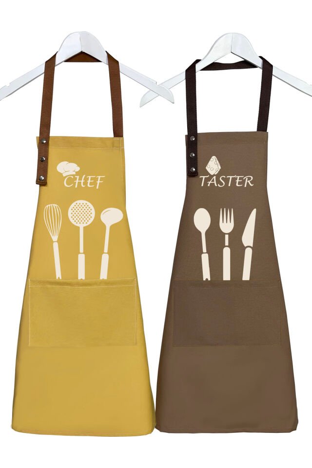 Mutfak Önlüğü Seti 2'li Leke Tutmaz Su Itici Kumaş Solmaz Baskı Chef & Taster Çeyiz Şef Önlük 60 x 75 - Hardal