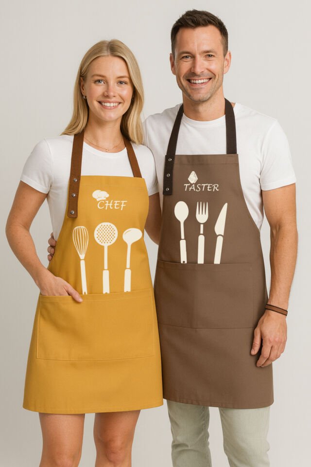 Mutfak Önlüğü Seti 2'li Leke Tutmaz Su Itici Kumaş Solmaz Baskı Chef & Taster Çeyiz Şef Önlük 60 x 75 - Hardal