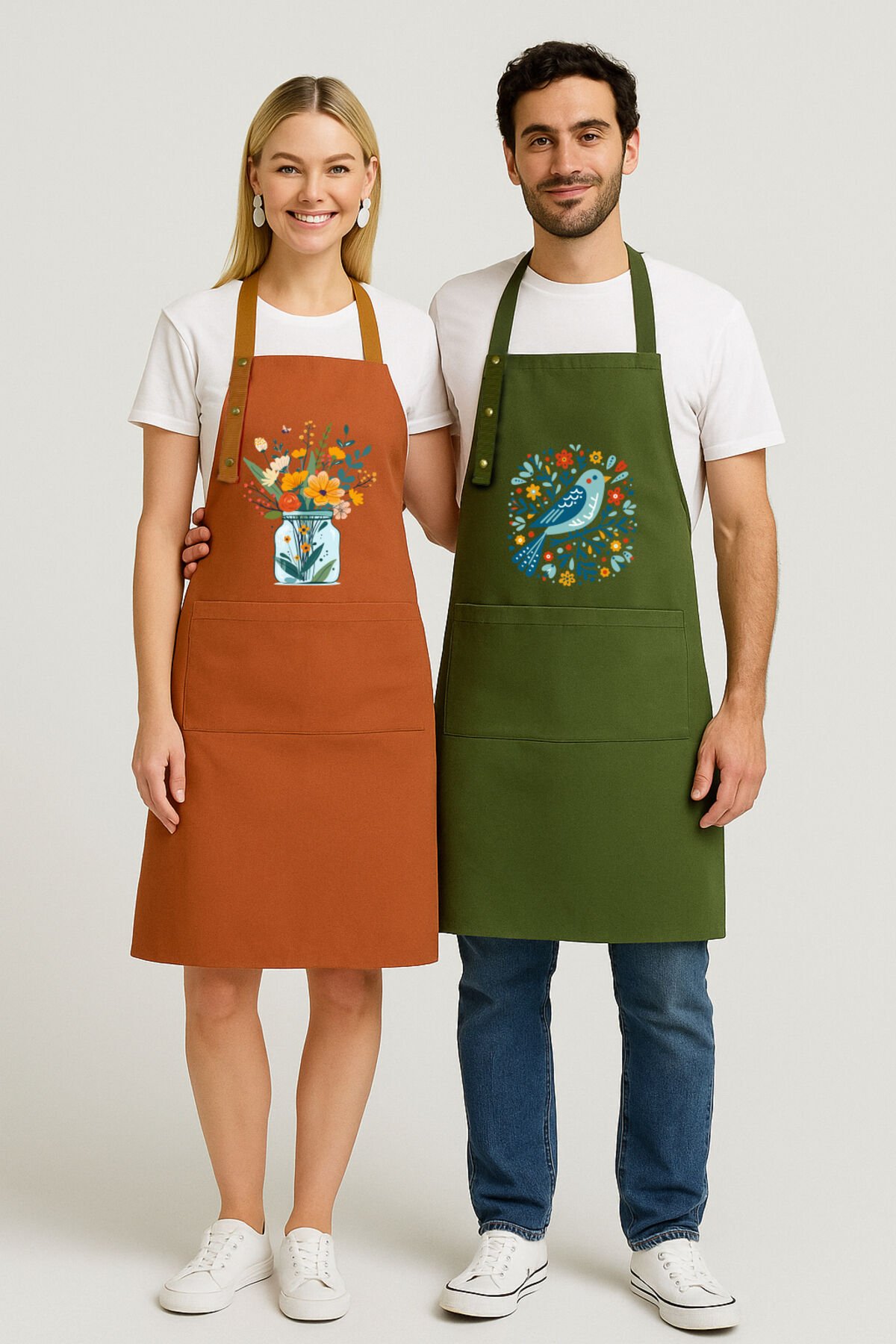 Mutfak Önlüğü Seti 2'li Leke Tutmaz Su itici Kumaş Solmaz Baskı Çiçek Kuş Önlük 60 x 75 - Haki Terracotta