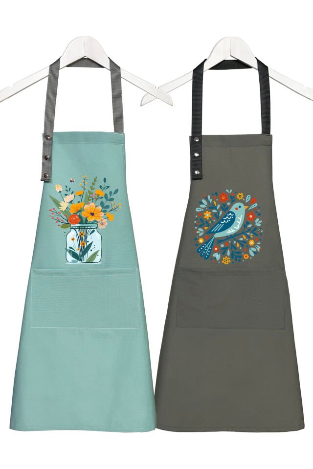 Mutfak Önlüğü Seti 2'li Leke Tutmaz Su itici Kumaş Solmaz Baskı Çiçek Kuş Önlük 60 x 75 - Su Yeşili - Yosun