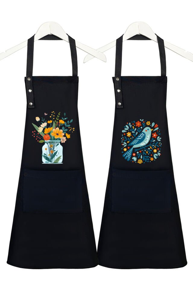 Mutfak Önlüğü Seti 2'li Leke Tutmaz Su itici Kumaş Solmaz Baskı Çiçek Kuş Önlük 60 x 75 - Siyah