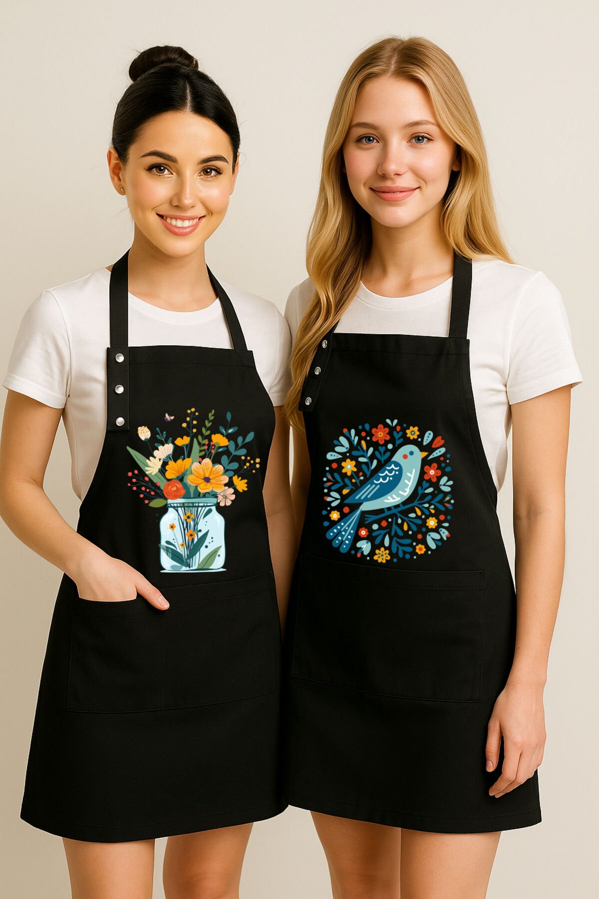 Mutfak Önlüğü Seti 2'li Leke Tutmaz Su itici Kumaş Solmaz Baskı Çiçek Kuş Önlük 60 x 75 - Siyah