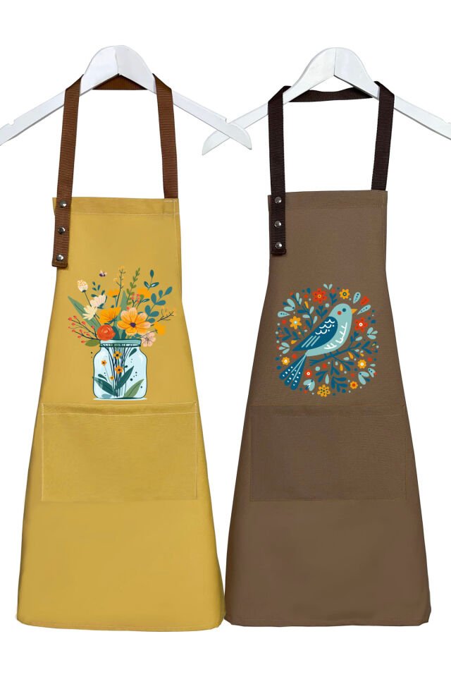 Mutfak Önlüğü Seti 2'li Leke Tutmaz Su itici Kumaş Solmaz Baskı Çiçek Kuş Önlük 60 x 75 - Hardal - Kahve