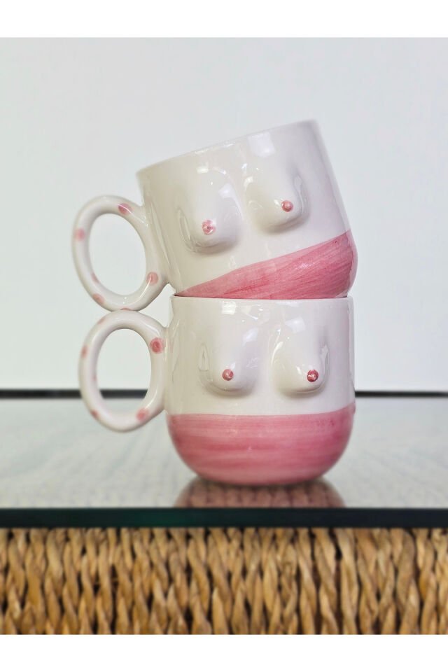 El Yapımı Seramik Kupa Kadın Memeli / Göğüslü Çay Kahve Fincanı Mug Bardak 2 Adet Kupa
