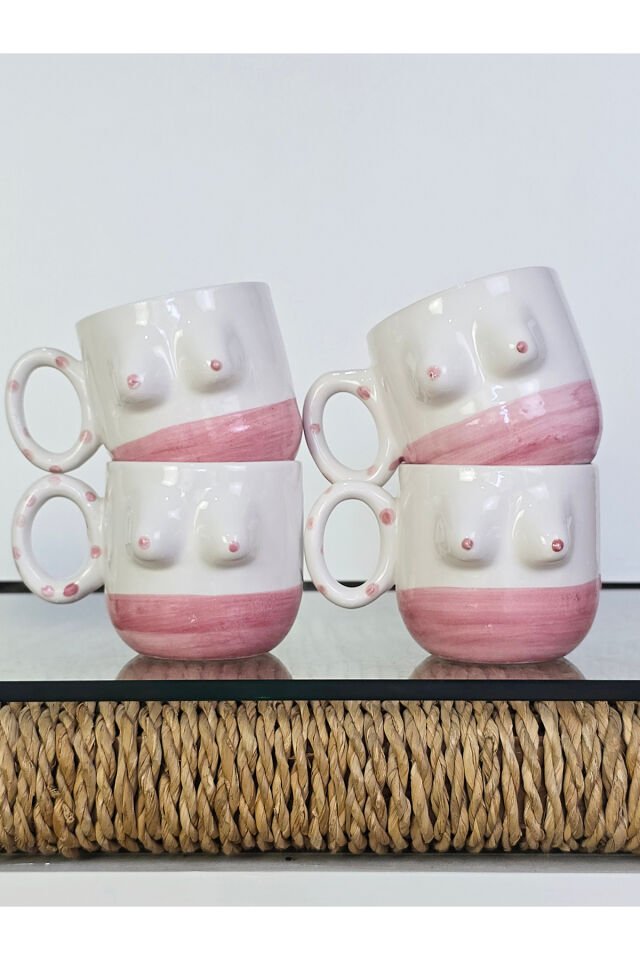 El Yapımı Seramik Kupa Kadın Memeli / Göğüslü Çay Kahve Fincanı Mug Bardak 4 Adet Kupa
