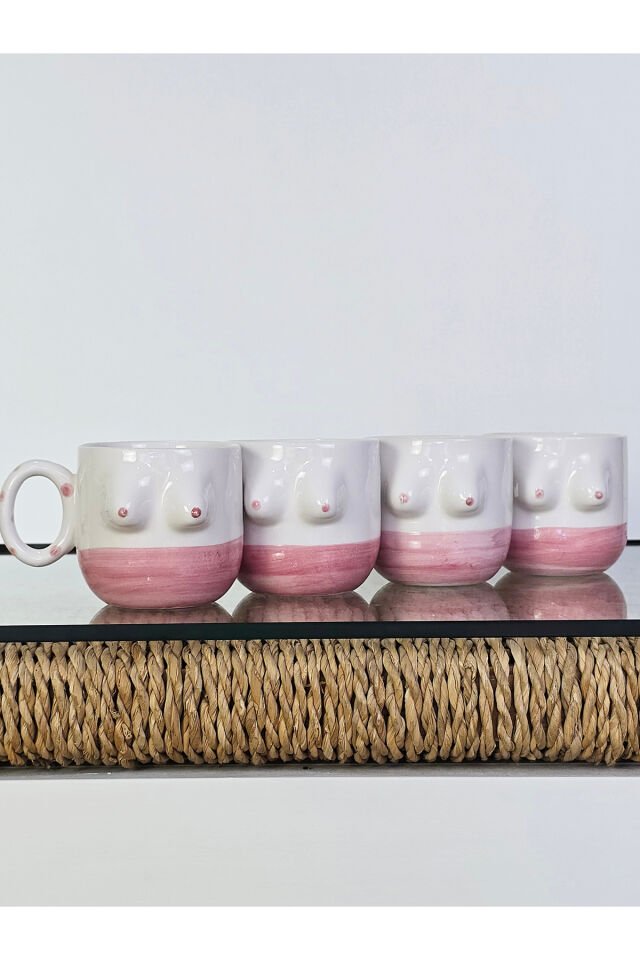 El Yapımı Seramik Kupa Kadın Memeli / Göğüslü Çay Kahve Fincanı Mug Bardak 4 Adet Kupa