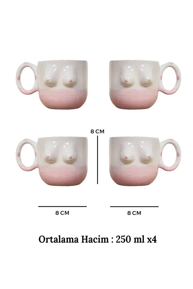 El Yapımı Seramik Kupa Kadın Memeli / Göğüslü Çay Kahve Fincanı Mug Bardak 4 Adet Kupa