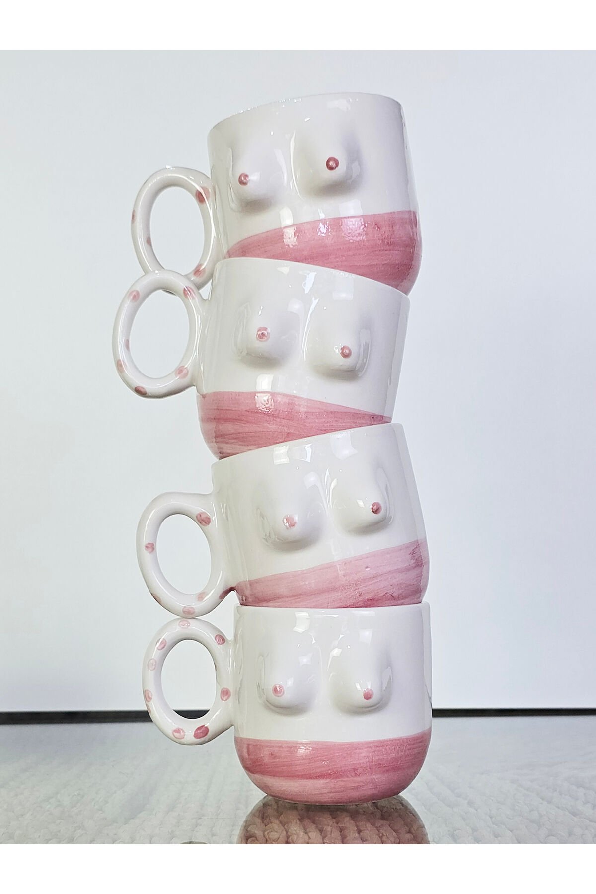 El Yapımı Seramik Kupa Kadın Memeli / Göğüslü Çay Kahve Fincanı Mug Bardak 4 Adet Kupa