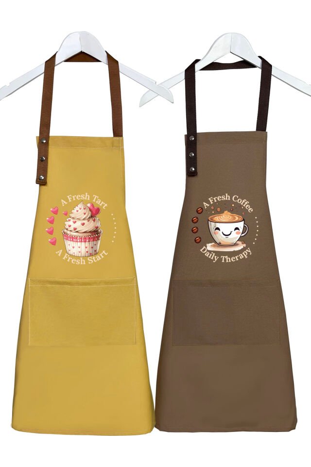 Mutfak Önlüğü Seti 2'li Leke Tutmaz Suitici Kumaş Cupcake Coffee Çeyiz Kafe Pastane Atölye Önlük 60 x 75 - Sarı