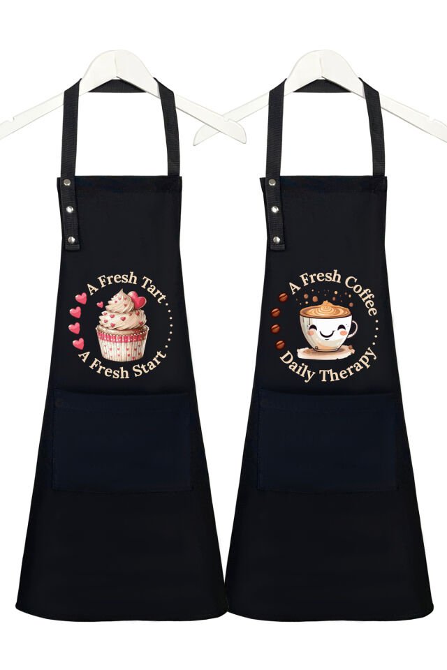 Mutfak Önlüğü Seti 2'li Leke Tutmaz Suitici Kumaş Cupcake Coffee Çeyiz Kafe Pastane Atölye Önlük 60 x 75 - Siyah