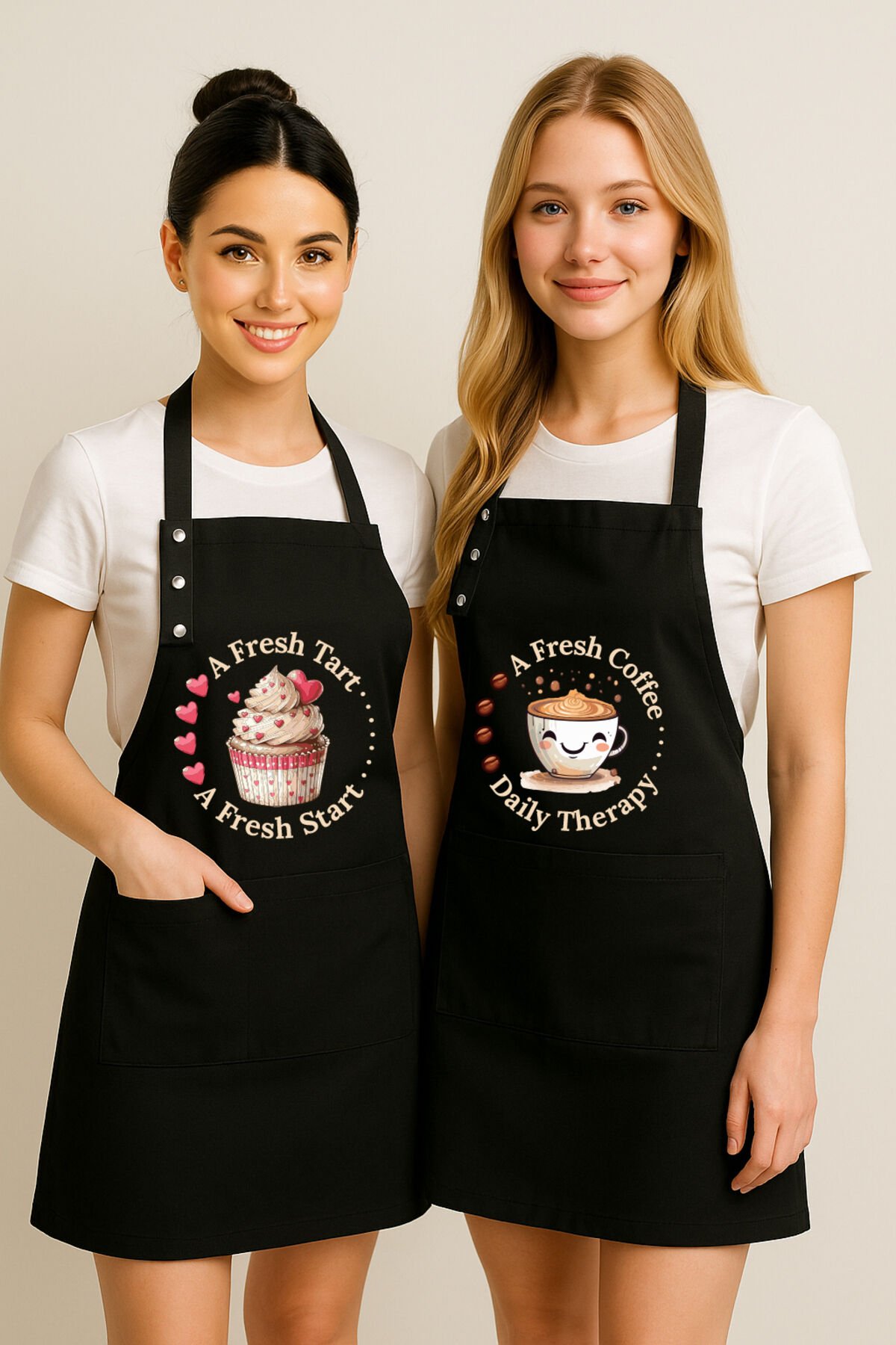 Mutfak Önlüğü Seti 2'li Leke Tutmaz Suitici Kumaş Cupcake Coffee Çeyiz Kafe Pastane Atölye Önlük 60 x 75 - Siyah