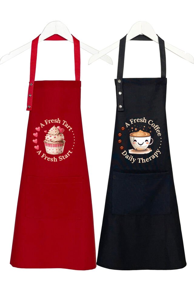 Mutfak Önlüğü Seti 2'li Leke Tutmaz Suitici Kumaş Cupcake Coffee Çeyiz Kafe Pastane Atölye Önlük 60 x 75 - Kırmızı