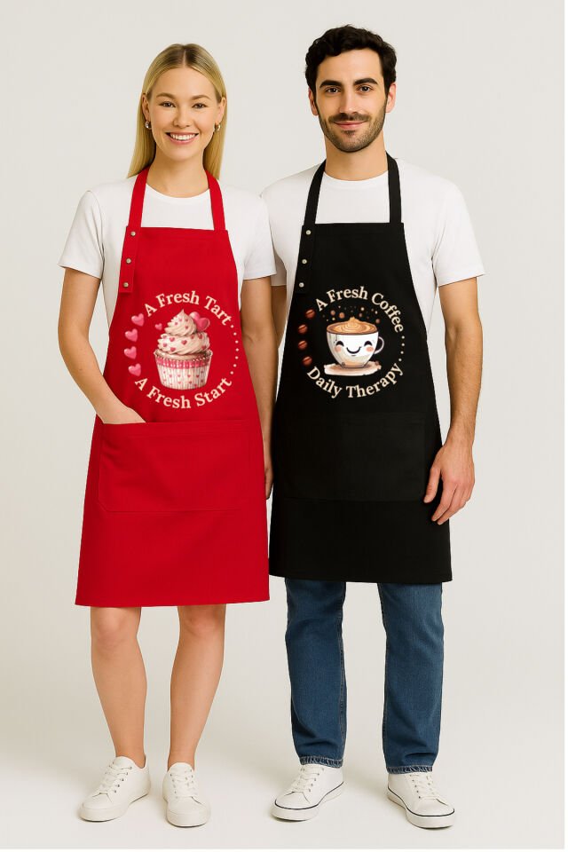 Mutfak Önlüğü Seti 2'li Leke Tutmaz Suitici Kumaş Cupcake Coffee Çeyiz Kafe Pastane Atölye Önlük 60 x 75 - Kırmızı