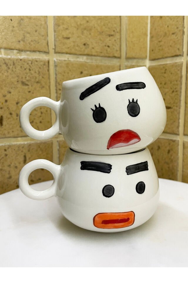 El Yapımı Seramik Kupa Karı & Koca / Azimli & Endişeli Çay Kahve Fincanı 2'li Mug Karikatür Bardak Beyaz