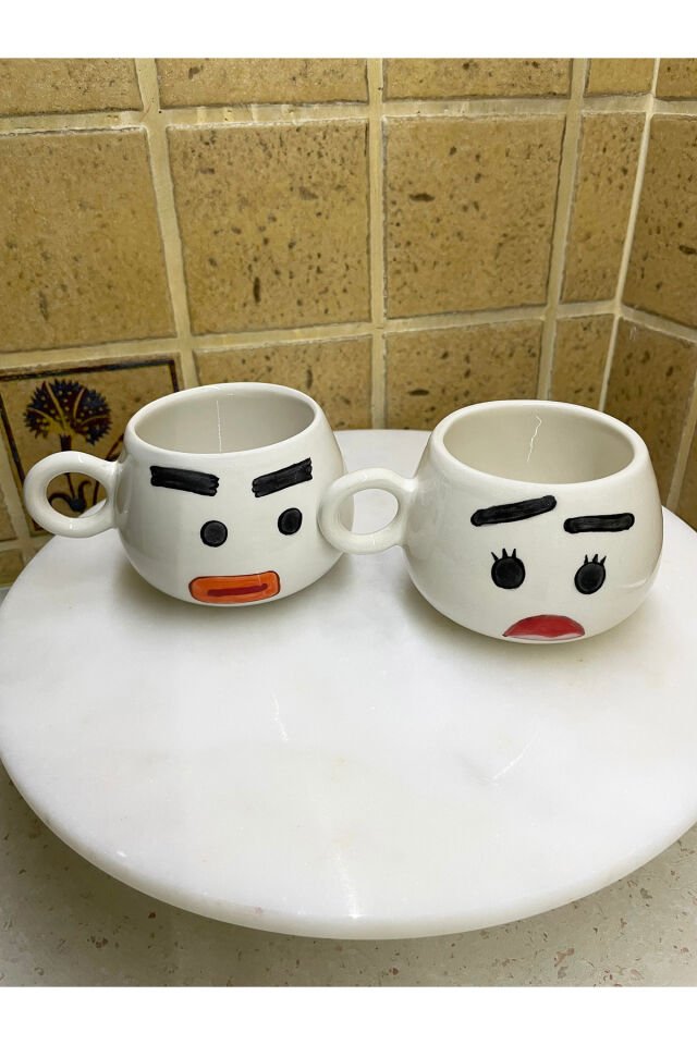 El Yapımı Seramik Kupa Karı & Koca / Azimli & Endişeli Çay Kahve Fincanı 2'li Mug Karikatür Bardak Beyaz