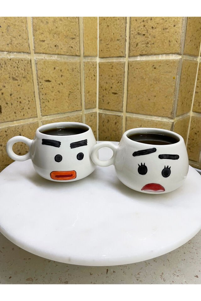 El Yapımı Seramik Kupa Karı & Koca / Azimli & Endişeli Çay Kahve Fincanı 2'li Mug Karikatür Bardak Beyaz