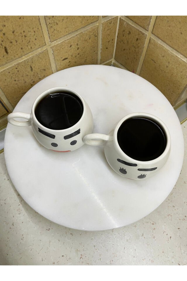 El Yapımı Seramik Kupa Karı & Koca / Azimli & Endişeli Çay Kahve Fincanı 2'li Mug Karikatür Bardak Beyaz