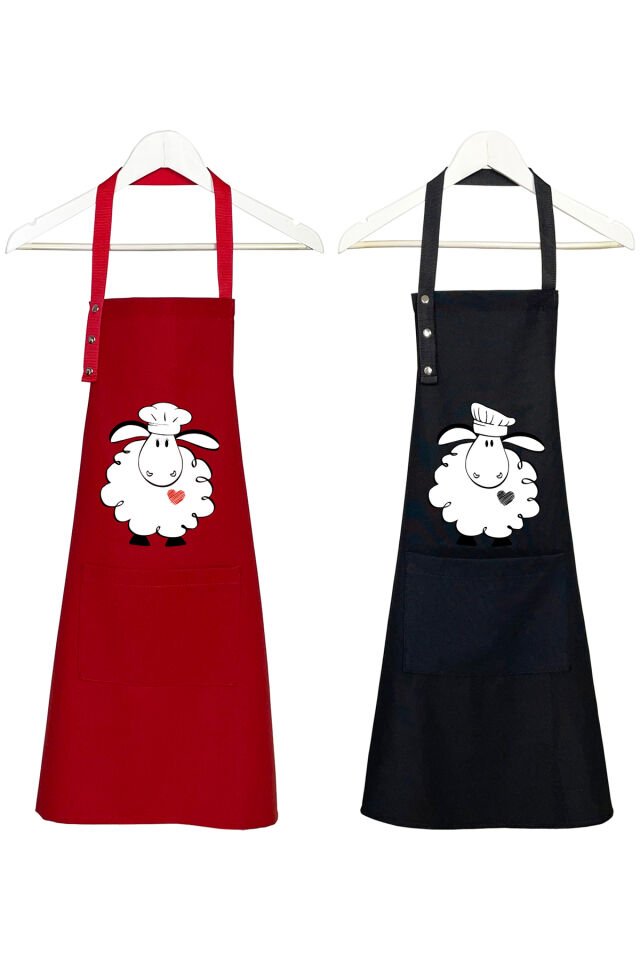Mutfak Önlüğü Seti 2'li Leke Tutmaz Su itici Kumaş Solmaz Baskı Kuzu - Zuzu Önlük 60 x 75 - Kırmızı - Siyah