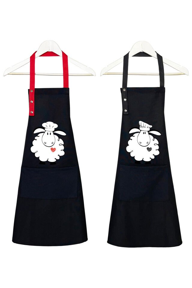 Mutfak Önlüğü Seti 2'li Leke Tutmaz Su itici Kumaş Solmaz Baskı Kuzu - Zuzu Önlük 60 x 75 - Siyah - Siyah