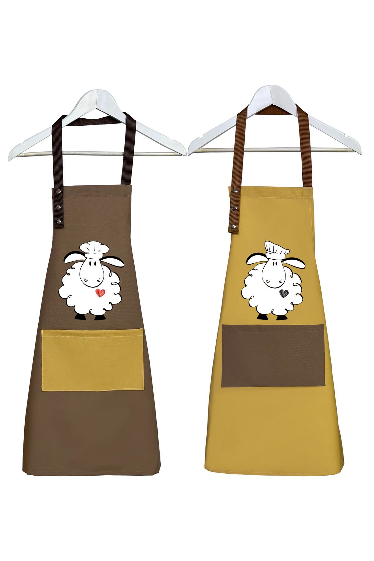 Mutfak Önlüğü Seti 2'li Leke Tutmaz Su itici Kumaş Solmaz Baskı Kuzu - Zuzu Önlük 60 x 75 - Hardal - Kahve