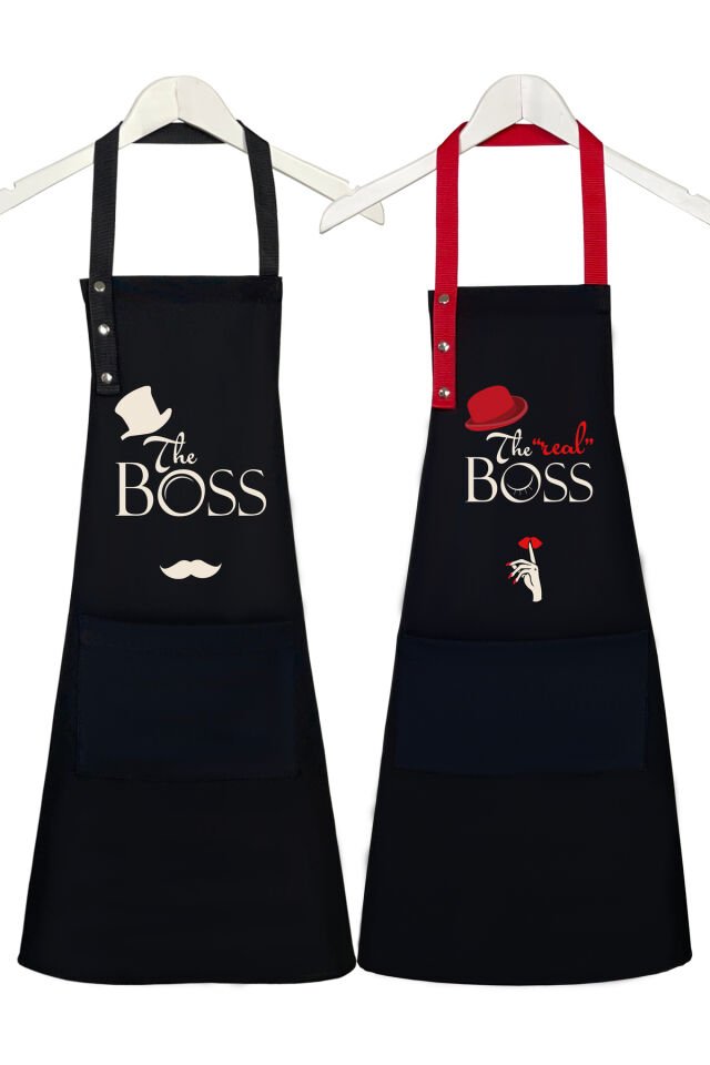 Mutfak Önlüğü Seti 2'li Siyah Leke Tutmaz Su itici Kumaş Solmaz Baskı Boss Real Boss Önlük 60 x 75 - Çok Renkli