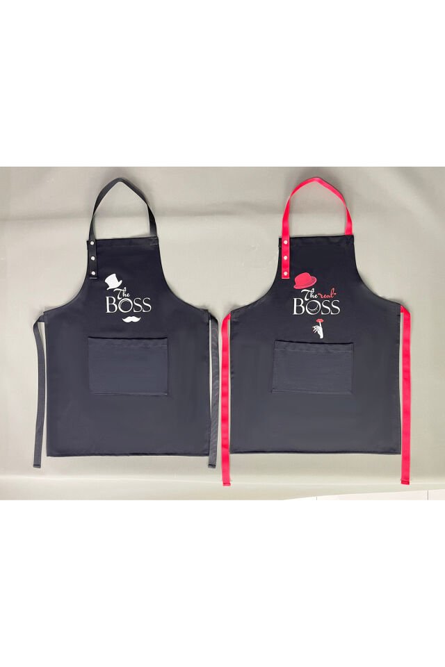 Mutfak Önlüğü Seti 2'li Siyah Leke Tutmaz Su itici Kumaş Solmaz Baskı Boss Real Boss Önlük 60 x 75 - Çok Renkli