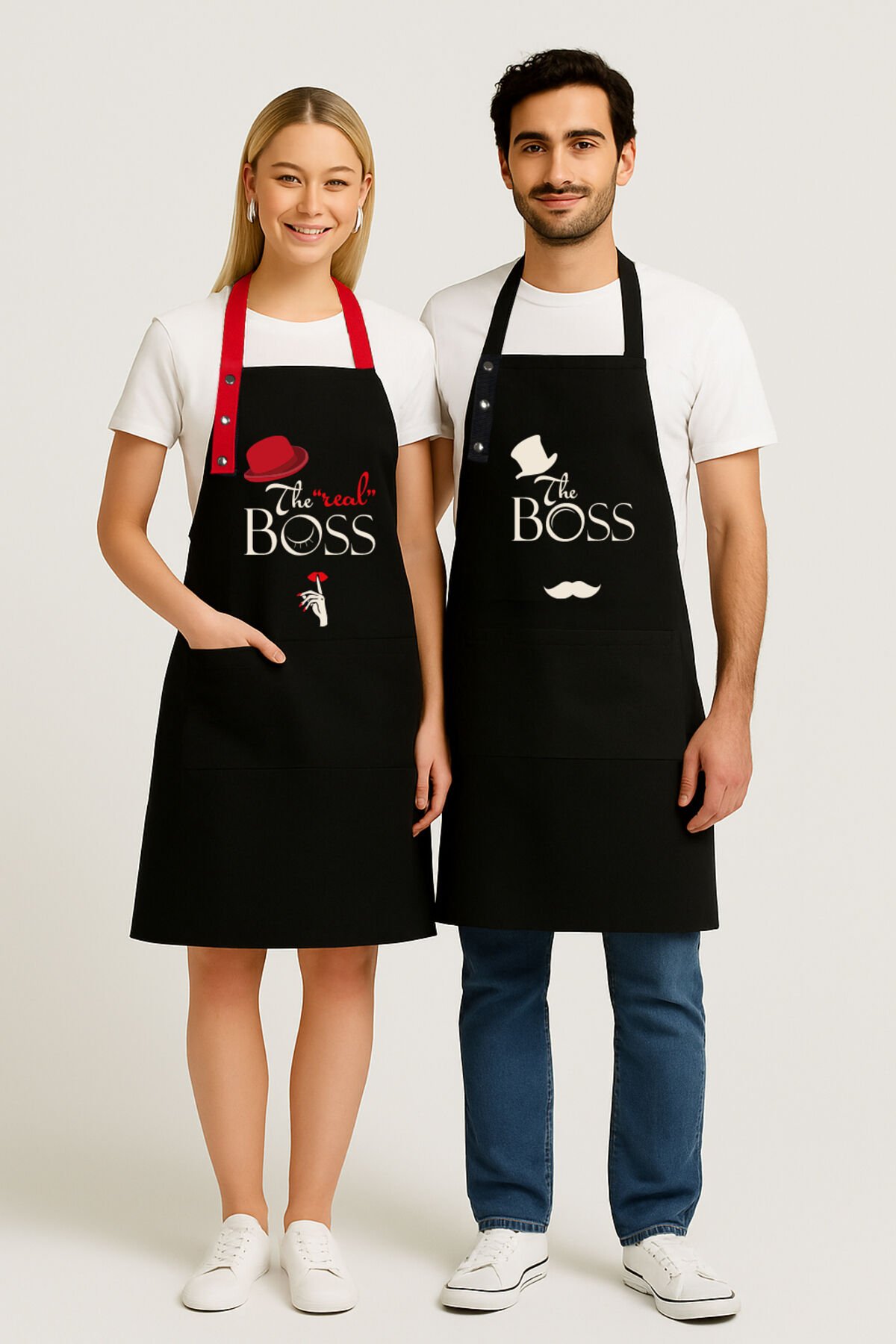 Mutfak Önlüğü Seti 2'li Siyah Leke Tutmaz Su itici Kumaş Solmaz Baskı Boss Real Boss Önlük 60 x 75 - Çok Renkli