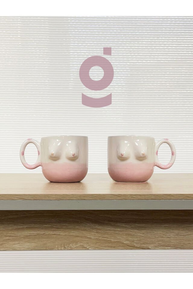 El Yapımı Seramik Kupa Kadın & Erkek / Göğüs & Göğüs Çay Kahve Fincanı 2'li Mug Bardak Pembe