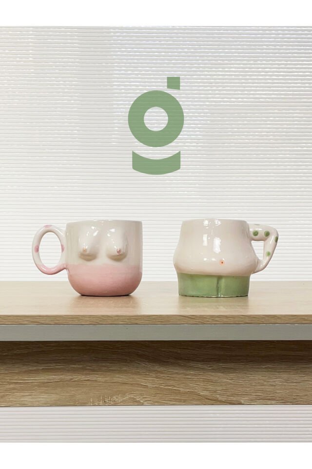 El Yapımı Seramik Kupa Kadın & Erkek / Göğüs & Göğüs Çay Kahve Fincanı 2'li Mug Bardak Yeşil