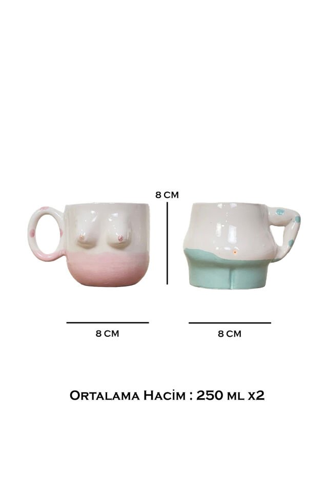 El Yapımı Seramik Kupa Kadın & Erkek / Göğüs & Göğüs Çay Kahve Fincanı 2'li Mug Bardak Mavi