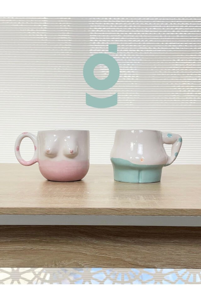 El Yapımı Seramik Kupa Kadın & Erkek / Göğüs & Göğüs Çay Kahve Fincanı 2'li Mug Bardak Mavi