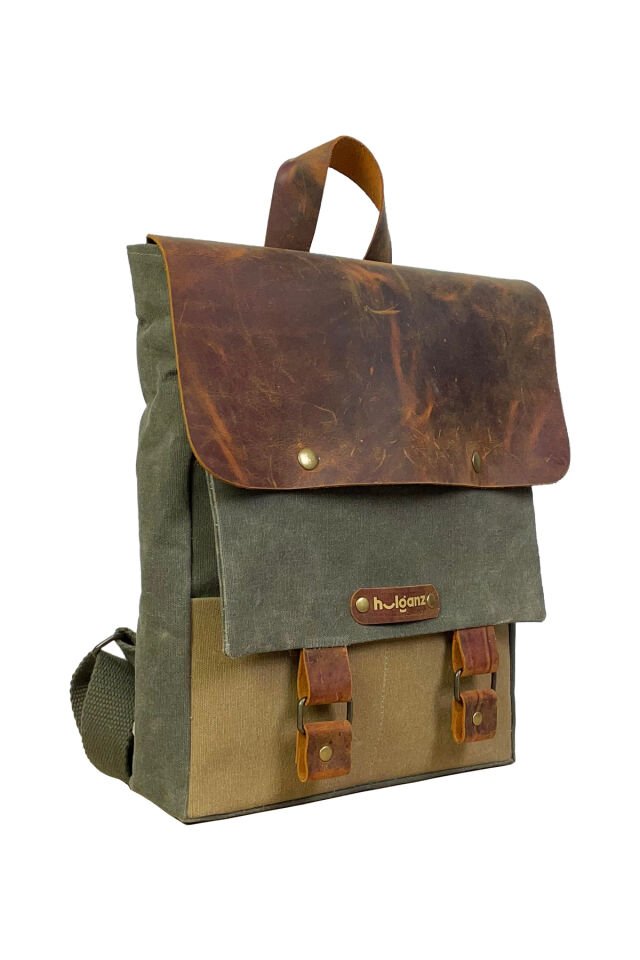 GURTA Sırt Çantası Mumlu Kanvas & Hakiki Deri El Çantası (14 inç tablet notebook) 25x31 cm Haki