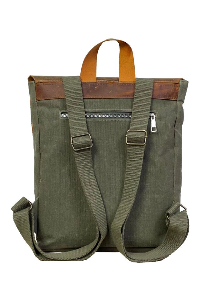 GURTA Sırt Çantası Mumlu Kanvas & Hakiki Deri El Çantası (14 inç tablet notebook) 25x31 cm Haki